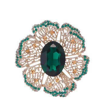 Green Aqua Gold Tone Flower Openwork Crystal Metal Brooch Pin