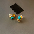 Gold Tone Blue Stone Button Stud Earrings Statement Pair view 2