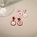 Asymmetric Bunny Fu Flower Enamel Stud Earrings Red Pink view 2