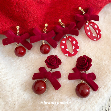 Red Flocked Bow And Flower Stud Earrings - 2 Styles