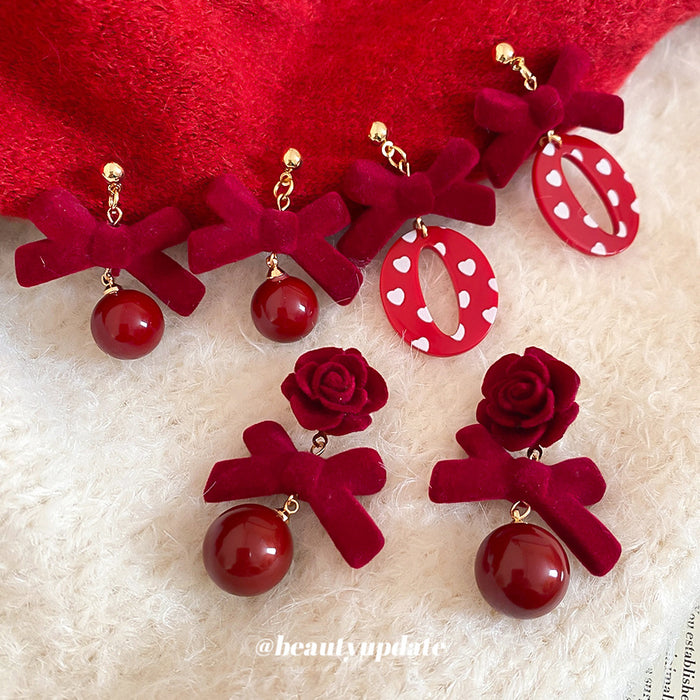 Red Flocked Bow And Flower Stud Earrings - 2 Styles