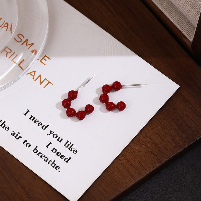 Red Beaded Curved Crescent Bold Statement Stud Earrings