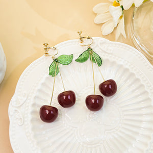 Long Cherry Clip-On Earrings in Red or Burgundy, Resin Drops