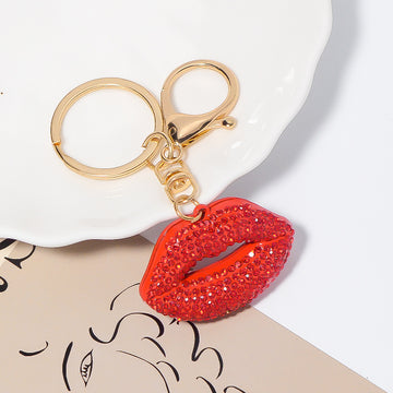 Red Rhinestone Lips Keychain Gold Tone Metal Bag Charm