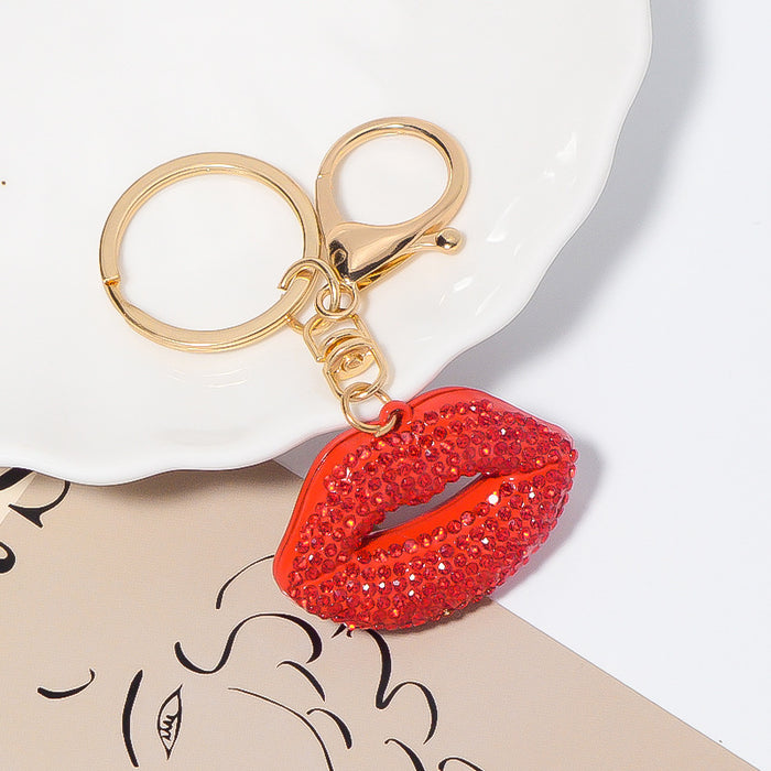 Red Rhinestone Lips Keychain Gold Clasp Metal Ring