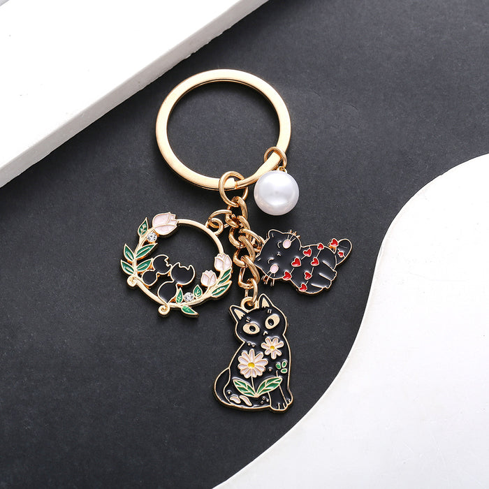 Black Cat Heart Flower Wreath and Pearl Enamel Keychain