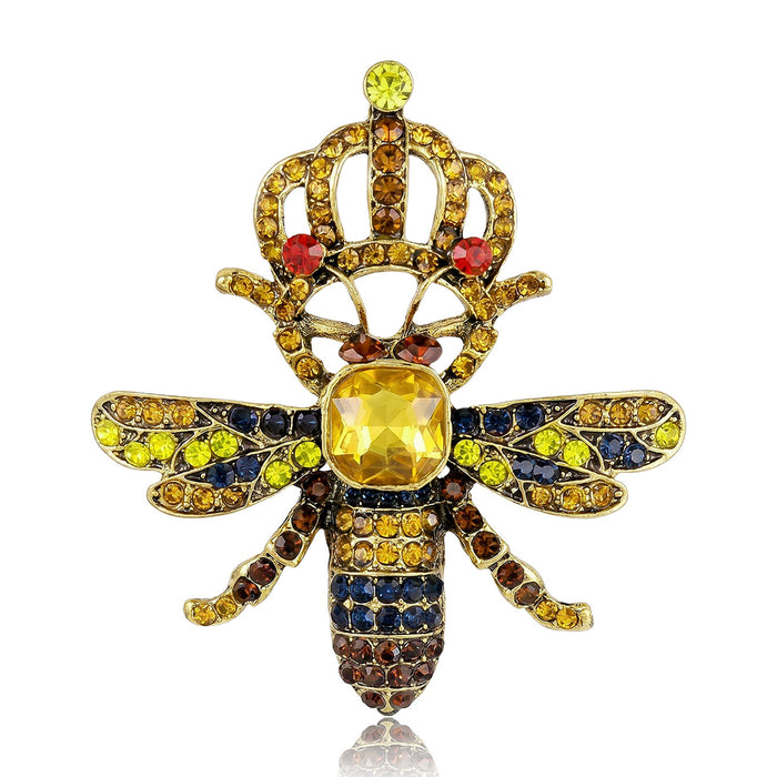 Antique Gold Crowned Bee Brooch Yellow Center Rhinestones