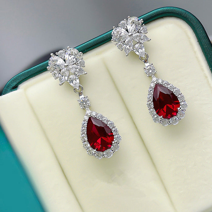 Pear-Shaped Halo Floral Cluster Long Earrings In Four Colors