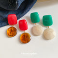 Color Block Resin Drop Earrings in Green Red Amber and White view 2