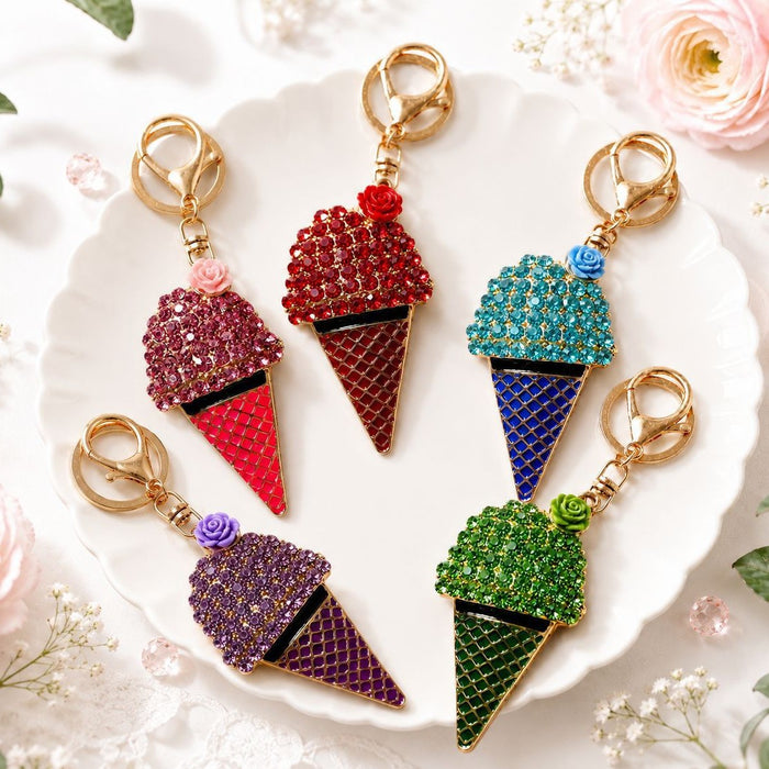 Rhinestone Ice Cream Cone Keychain Metal Bag Charm