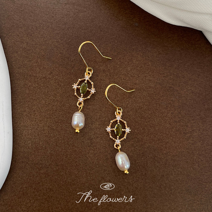 Gold Tone Green Oval Stone And White Pearl Hook Earrings