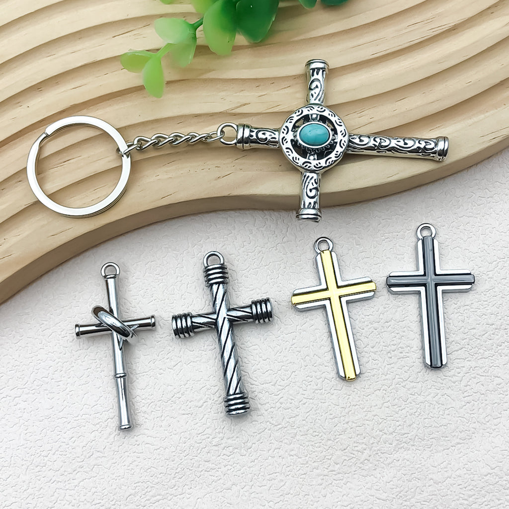 Antique Silver Zinc Alloy Blue Gem Cross Charm Pendant for DIY Necklace Jewelry
