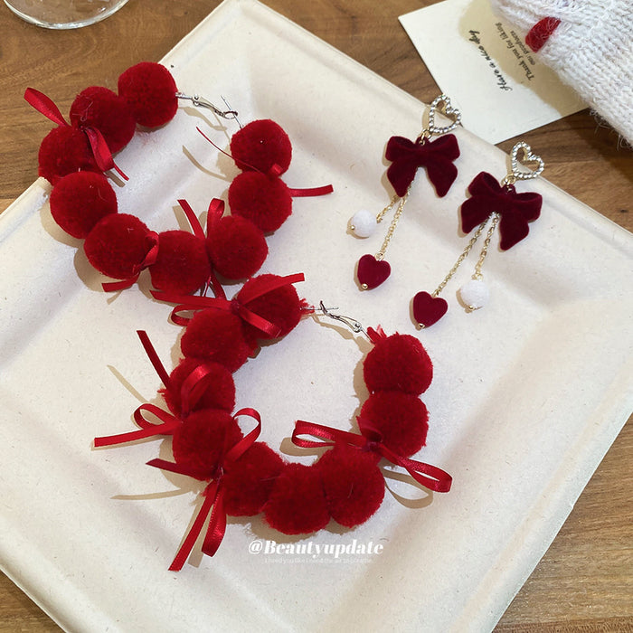 Red Velvet Bow and Pom Pom Earrings in Two Drop Styles