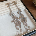 Silver Tone Layered Leaf Vine Long Drop Stud Earrings view 2