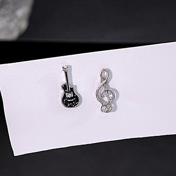 Mismatched Guitar and Treble Clef Silver Tone Stud Earrings