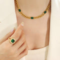 Gold Cuban Chain Necklace Bracelet Green Glass Stones view 7