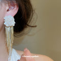 White Flower And Gold Tone Chain Tassel Stud Earrings view 3