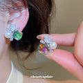 Crystal Square and Pearl Clip-On Stud Earrings with Polished Metal Details view 3
