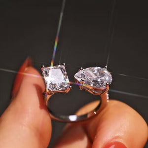 Adjustable Silver-Tone Open Ring with Square and Oval Stones