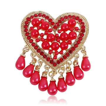 Heart Pearl Rhinestone Brooch Teardrop Tassel Red White Styles