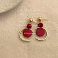 Gold Ball Stud Red Wood Disc Crescent Drop Earrings view 1