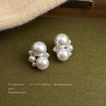 White Pearl Cluster Stud Earrings Clear Crystal Accent Gold