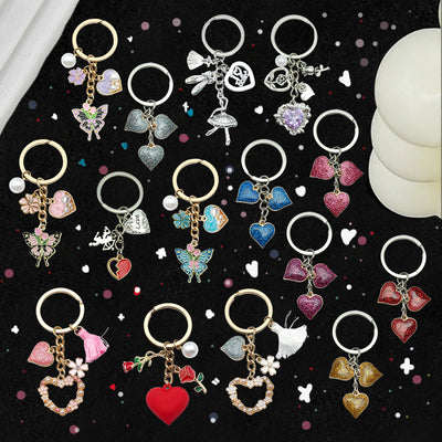 Styled close-up of heart rose butterfly and valentine keychain showing colors and surface details