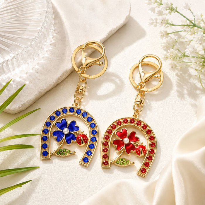 Horseshoe Flower Ladybug Rhinestone Keychain Gold Charm