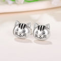 Silver Cat Face Stud Earrings Black Enamel Whiskers view 2