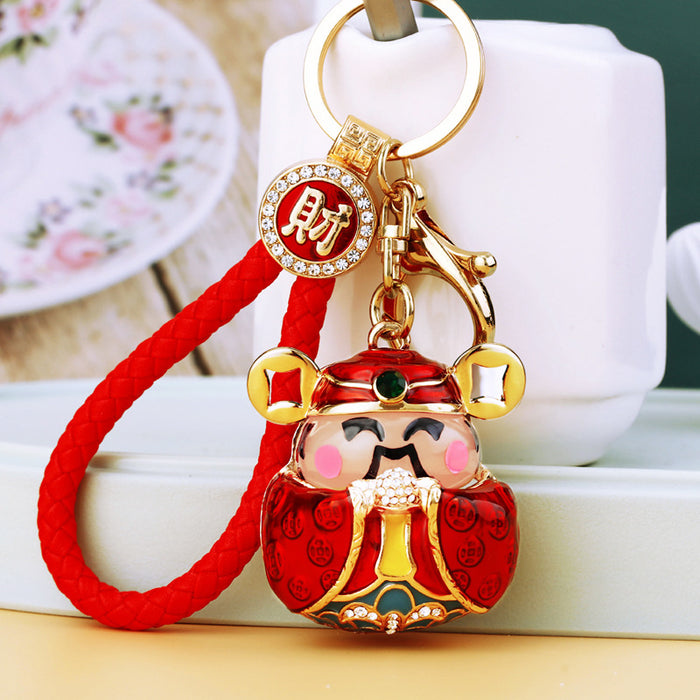 Colorful Wealth Deity Character Keychain with Gold Tone Hardware