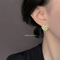 Enamel Floral Rhombus Stud Earrings Yellow Green Detail view 2