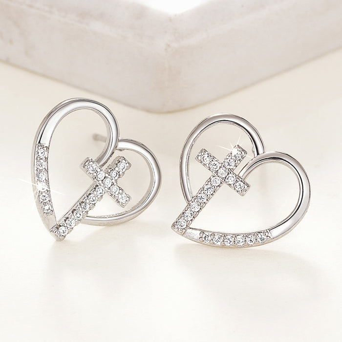Open Heart Arrow Stud Earrings in Silver-Tone Metal Jewelry
