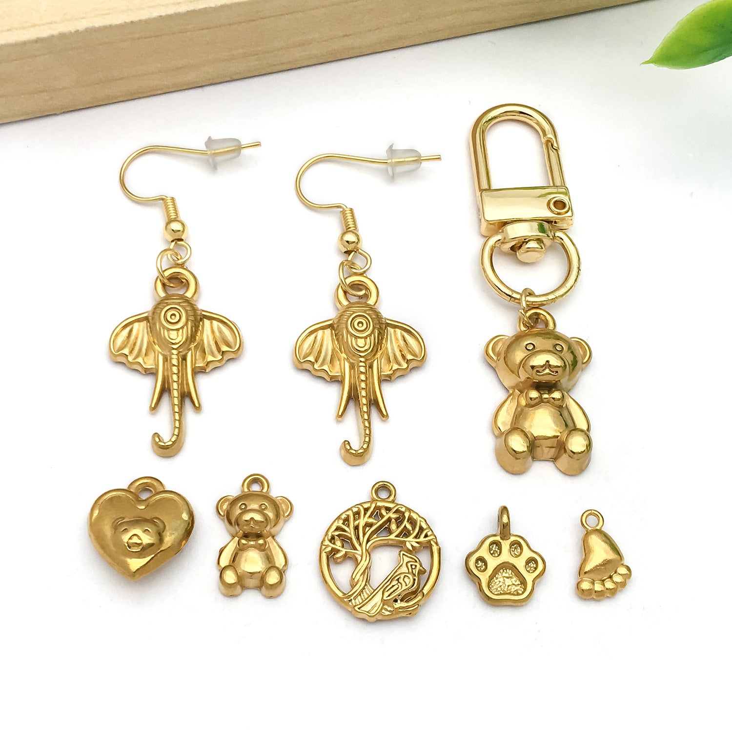 Gold Stainless Steel Bear Penguin Elephant Charm Pendants for DIY Bracelet Necklace