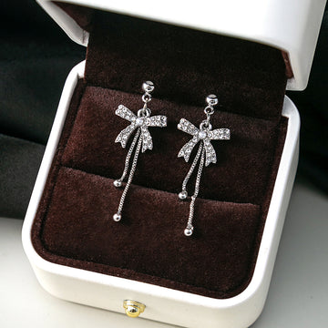 Silver Bow Double Chain Clear Look Dangle Earrings