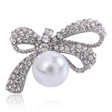 Crystal Ribbon Bow Brooch With Large White Pearl Drop