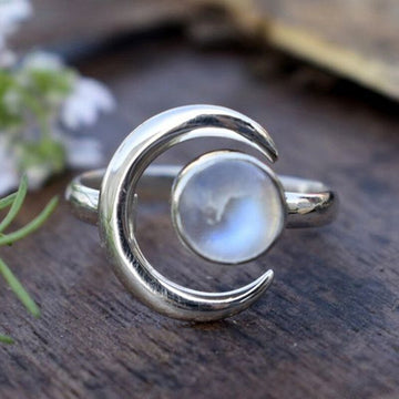 Antique Silver Crescent Moon Cabochon Open Adjustable Ring