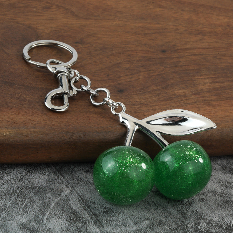 Red Resin Cherry Metal Keychain Shiny Fruit Bag Charm Pendant