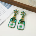 Green Beaded Champagne Bottle Drop Earrings Clover Patch view 6