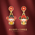 Gold Enamel Fortune God Drop Earrings Asymmetric Pair view 3