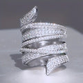 Layered Crystal Leaf Wrap Wide Band Ring in Silver Tone view 1
