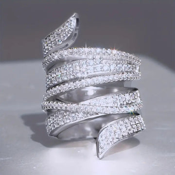 Layered Crystal Leaf Wrap Wide Band Ring in Silver Tone