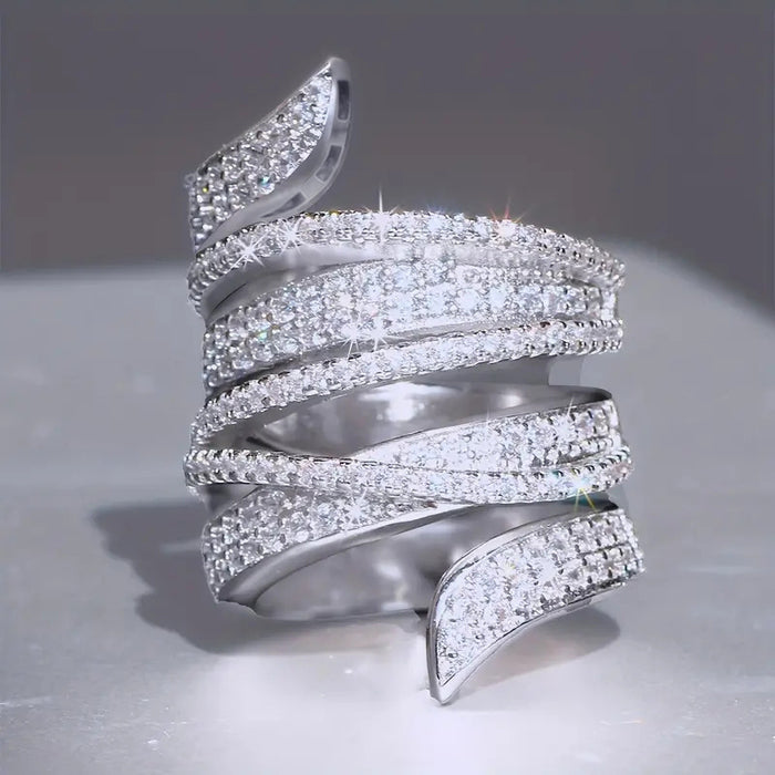 Layered Crystal Leaf Wrap Wide Band Ring in Silver Tone
