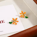 Orange Flower Green Leaf Clear Center Stud Earrings view 6