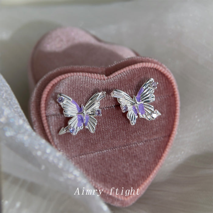 Silver Purple Enamel Butterfly Stud Earrings CZ Accents