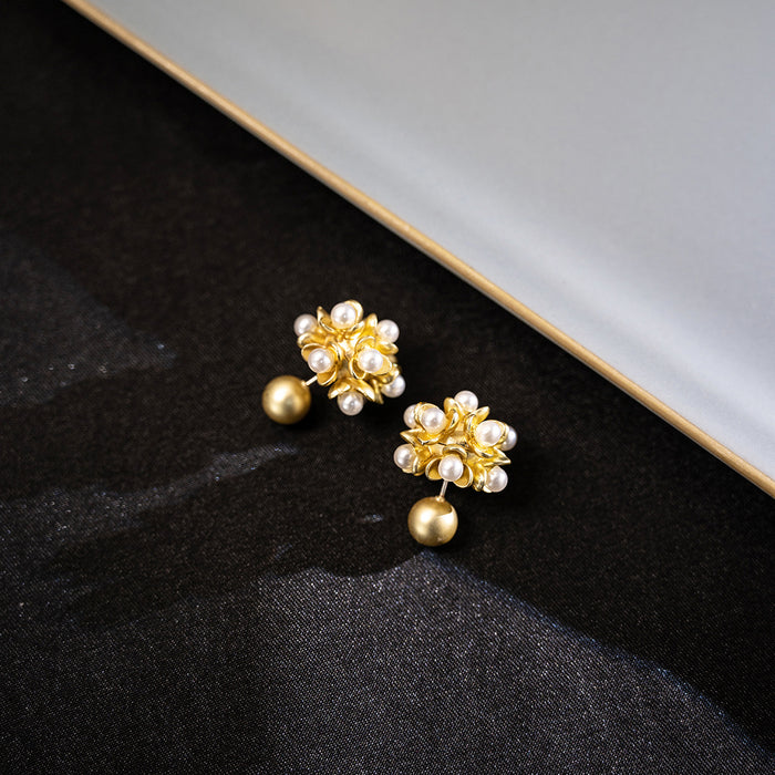 Matte Gold Flower Pearl Cluster Stud Earrings Dual Wear