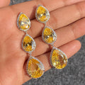 Yellow Triple Pear Stone Drop Earrings Metal Jewelry Design view 2