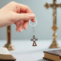 Dark Brown Ornate Wooden Cross Keychain Circle Cutout view 4
