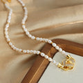 White Pearl Strand Necklace Gold Flower Pavé Clasp Metal view 2