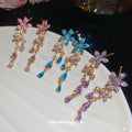 Colorful Floral Crystal Teardrop Tassel Stud Earrings view 2
