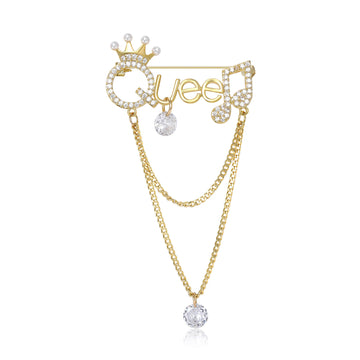Queen Chain Dangle Brooch Gold-Tone Queen Lettering